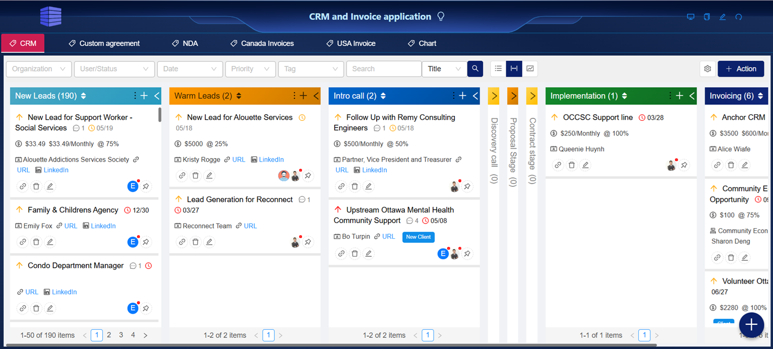 CubeDrive CRM and invoice application visual pipeline board