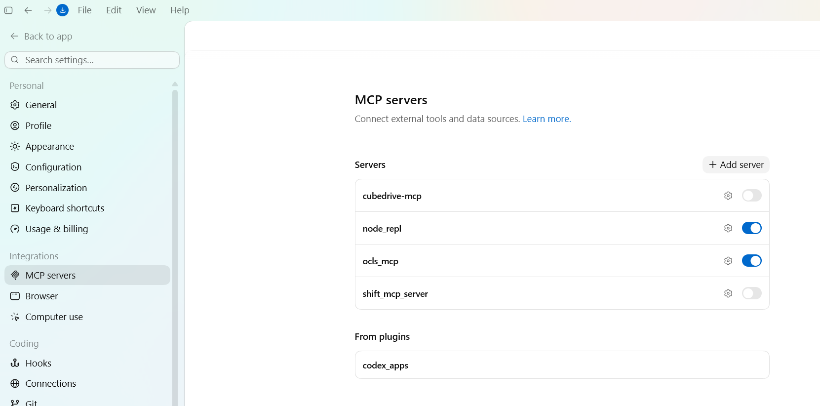 Codex File menu MCP servers settings screen