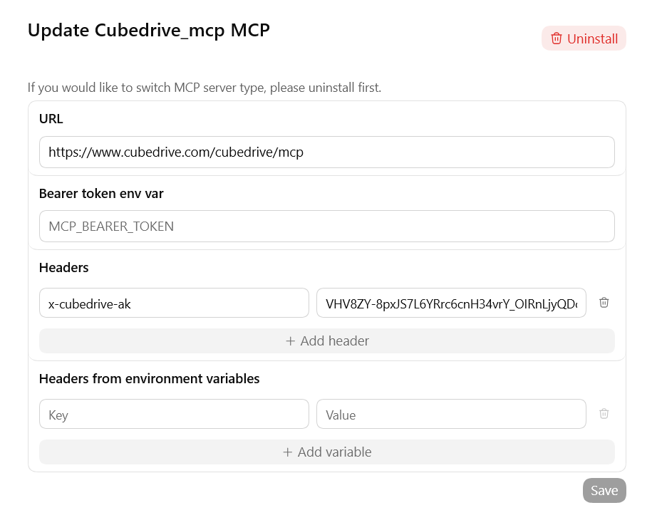 Codex MCP setup screen using CubeDrive URL and x-cubedrive-ak header