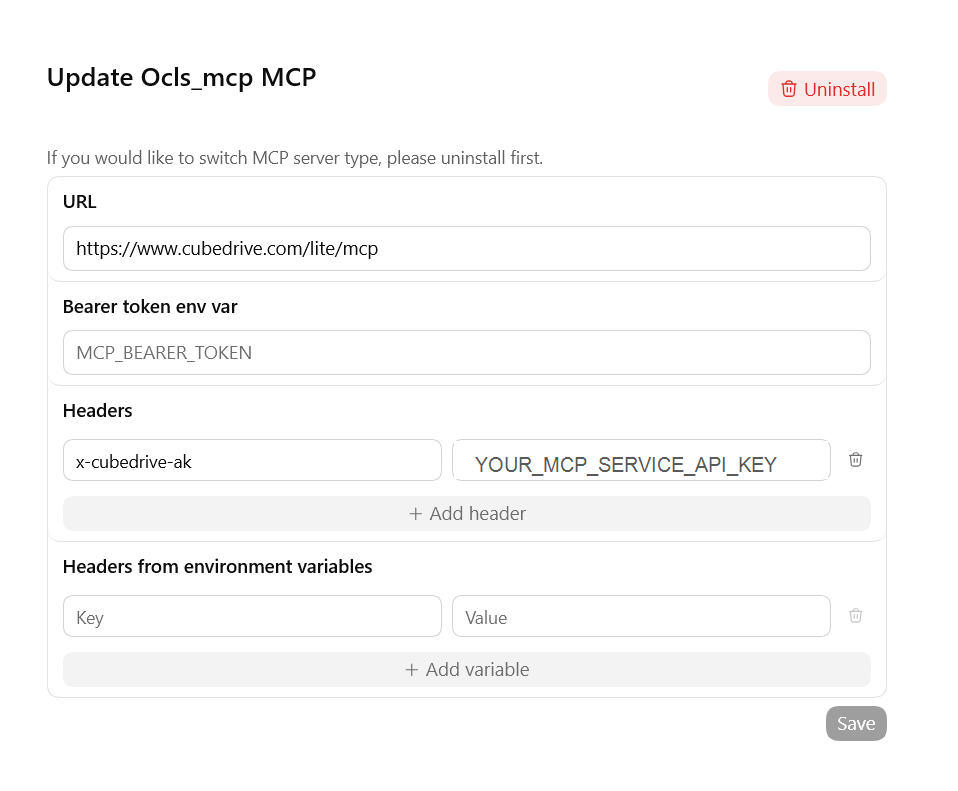 Codex MCP setup screen using CubeDrive URL and x-cubedrive-ak header
