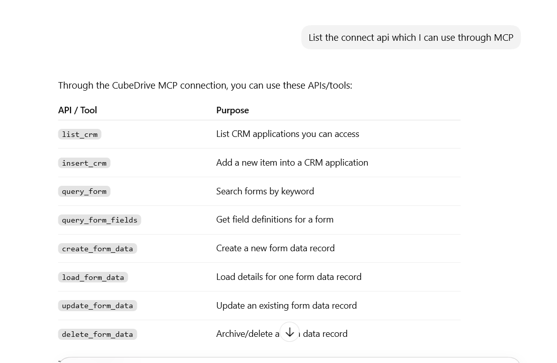 AI tool showing CubeDrive MCP available API tools after connection